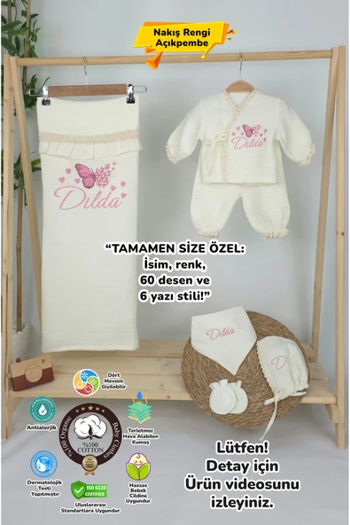 gros shop Müslin Yeni Doğan 4Katlı Organik %100Pamuk Kişiye Özgü Nakışlı Hastane Çıkış Seti (Çoklu Kelebek-3) ürün görseli