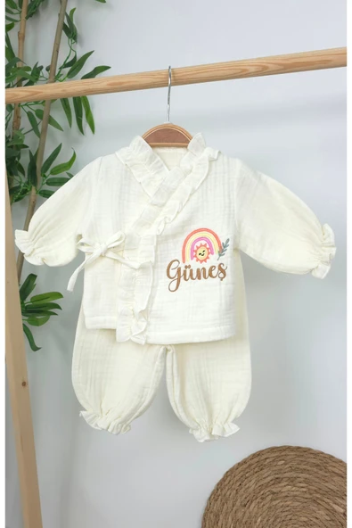 gros shop Müslin Yeni Doğan 4Katlı Organik %100Pamuk Kişiye Özgü Nakışlı Hastane Çıkış Seti(Gökkuşağı Model-3) - Resim 2