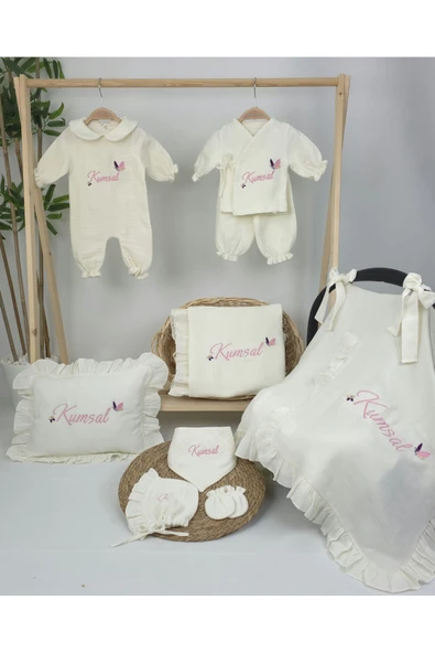 gros shop Müslin Yeni Doğan 4Katlı Organik %100Pamuk Kişiye Özgü Nakışlı Hastane Çıkış Seti (Kelebek Model-2) - Resim 2