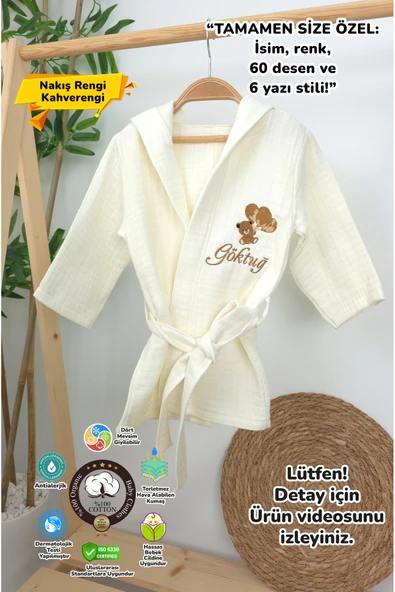 gros shop Müslin Yeni Doğan 4Katlı Organik %100Pamuk Kişiye Özgü Nakışlı 0-2 Yaş Bornoz (Ayıcıklı) - 1