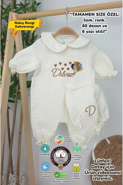 gros shop Müslin Yeni Doğan 4Katlı Organik %100Pamuk Kişiye Özgü Nakışlı Hastane Çıkış Seti (Çoklu Balon) ürün görseli