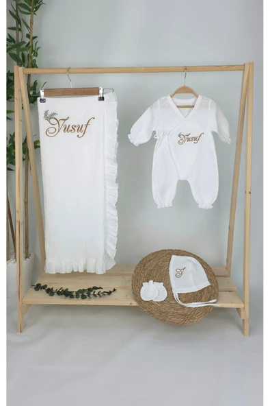 gros shop Müslin Yeni Doğan 2Katlı Organik %100Pamuk Kişiye Özgü Nakışlı Hastane Çıkış Seti(İkili Dal Model-3) ürün görseli