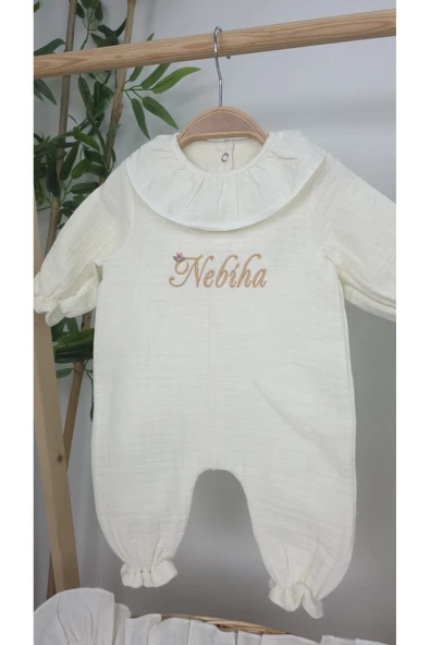 gros shop Müslin Yeni Doğan 4Katlı Organik %100Pamuk Kişiye Özgü Nakışlı Hastane Çıkış Seti (Dallı Papatya) - Resim 3