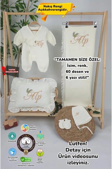 gros shop Müslin Yeni Doğan 4Katlı Organik %100Pamuk Kişiye Özgü Nakışlı Hastane Çıkış Seti-Dal Model ürün görseli