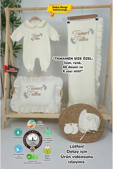 gros shop Müslin Yeni Doğan 4Katlı Organik %100Pamuk Kişiye Özgü Nakışlı Hastane Çıkış Seti(İki Dallı Model-2) ürün görseli