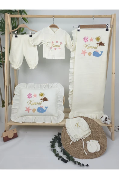 gros shop Müslin Yeni Doğan 4Katlı Organik %100Pamuk Kişiye Özgü Nakışlı Hastane Çıkış Seti(Okyanus Model-2) - Resim 2