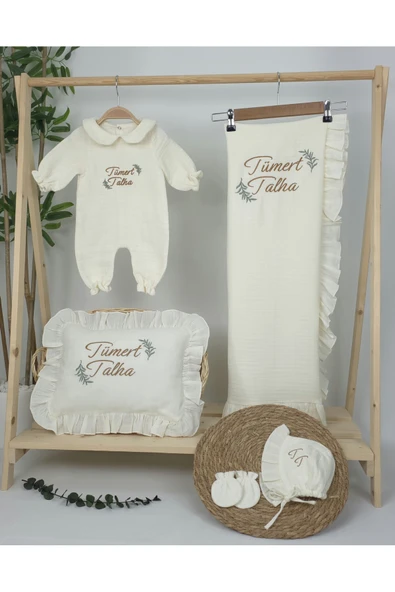 gros shop Müslin Yeni Doğan 4Katlı Organik %100Pamuk Kişiye Özgü Nakışlı Hastane Çıkış Seti(İki Dallı Model-2) - Resim 2