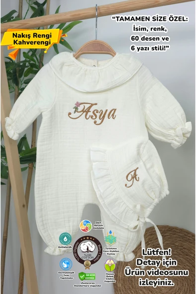 gros shop Müslin Yeni Doğan 4Katlı Organik %100Pamuk Kişiye Özgü Nakışlı Hastane Çıkış Seti(Papatya Model-4) ürün görseli