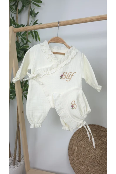 gros shop Müslin Yeni Doğan 4Katlı Organik %100Pamuk Kişiye Özgü Nakışlı Hastane Çıkış Seti (Papatya Model-7) - Resim 3