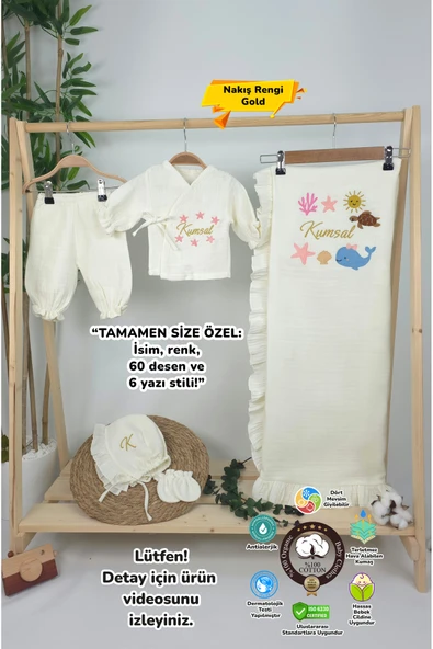 gros shop Müslin Yeni Doğan 4Katlı Organik %100Pamuk Kişiye Özgü Nakışlı Hastane Çıkış Seti(Okyanus Model-2) ürün görseli