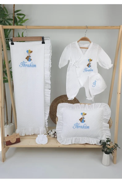 gros shop Müslin Yeni Doğan 4Katlı Organik %100Pamuk Kişiye Özgü Nakışlı Hastane Çıkış Seti-Ayıcık Model - Resim 2