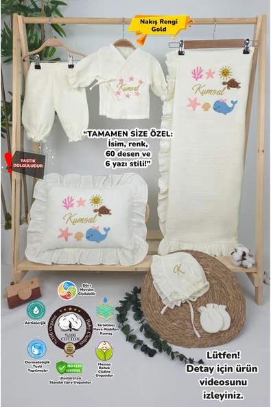 gros shop Müslin Yeni Doğan 4Katlı Organik %100Pamuk Kişiye Özgü Nakışlı Hastane Çıkış Seti(Okyanus Model-2) ürün görseli