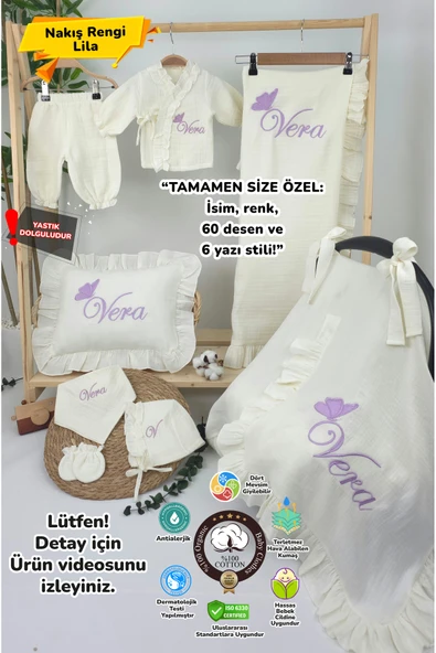 gros shop - Müslin Yeni Doğan 4Katlı Organik %100Pamuk Kişiye Özgü Nakışlı Hastane Çıkış Seti(Tekli Kelebek-1) ürün görseli