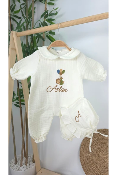 gros shop Müslin Yeni Doğan 4Katlı Organik %100Pamuk Kişiye Özgü Nakışlı Hastane Çıkış Seti-Aslan Model - Resim 3