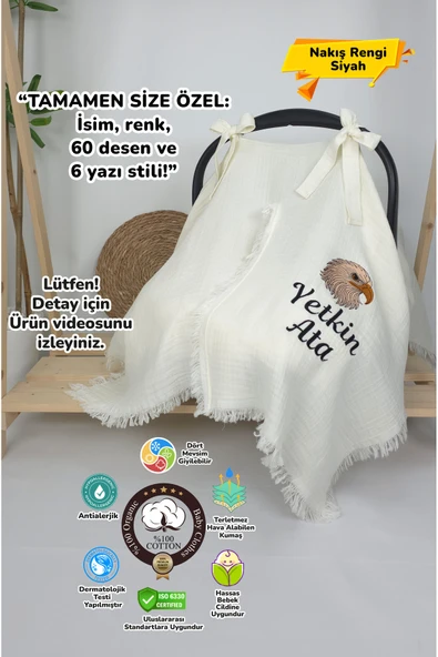 gros shop Müslin Yeni Doğan 4Katlı Organik %100Pamuk Kişiye Özgü Nakışlı Hastane Çıkış Seti (Kartal Model) ürün görseli