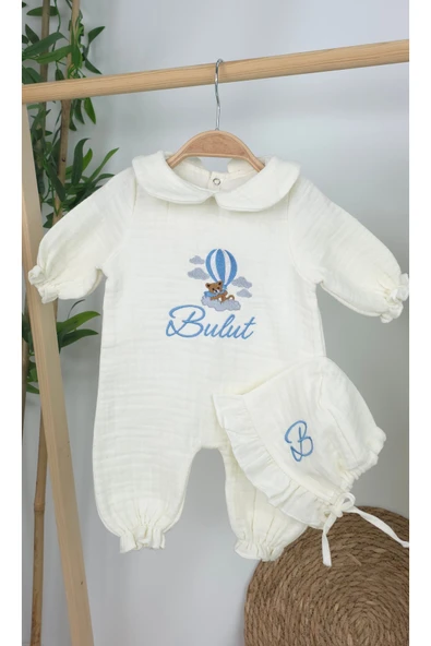 gros shop Müslin Yeni Doğan 4Katlı Organik %100Pamuk Kişiye Özgü Nakışlı Hastane Çıkış Seti (Ayıcık Model-3) - Resim 2