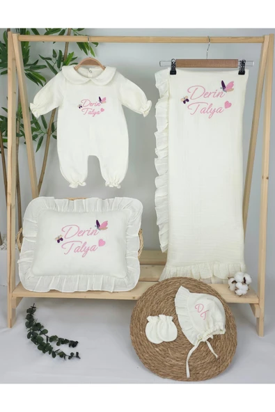 gros shop Müslin Yeni Doğan 4Katlı Organik %100Pamuk Kişiye Özgü Nakışlı Hastane Çıkış Seti-İkili Kelebek - Resim 2