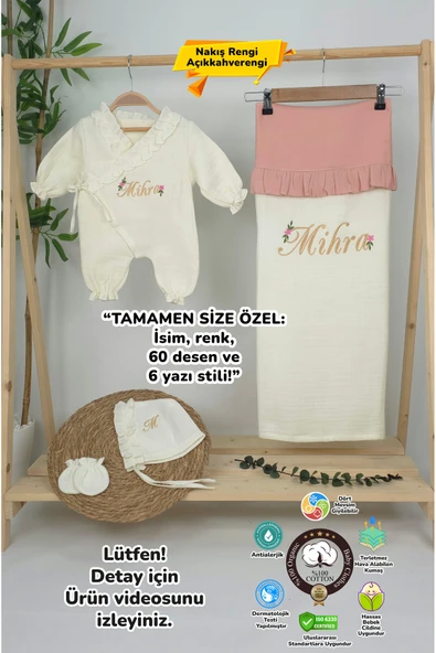 gros shop Müslin Yeni Doğan 4Katlı Organik %100Pamuk Kişiye Özgü Nakışlı Hastane Çıkış Seti (Papatya Model-11) ürün görseli