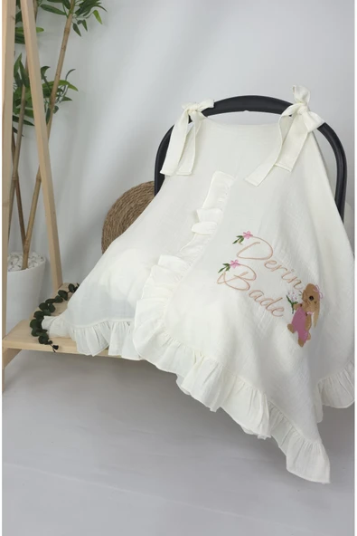 gros shop Müslin Yeni Doğan 4Katlı Organik %100Pamuk Kişiye Özgü Nakışlı Hastane Çıkış Seti(Tavşan Model-3) - Resim 2