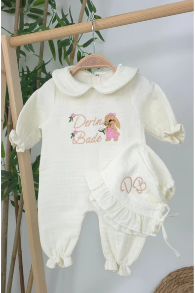 gros shop Müslin Yeni Doğan 4Katlı Organik %100Pamuk Kişiye Özgü Nakışlı Hastane Çıkış Seti(Tavşan Model-3) - Resim 3