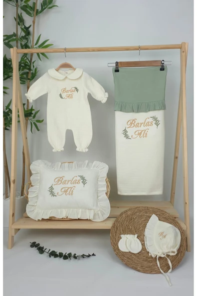 gros shop Müslin Yeni Doğan 4Katlı Organik %100Pamuk Kişiye Özgü Nakışlı Hastane Çıkış Seti (İki Dal Model-1) - Resim 2