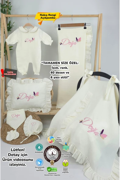 gros shop Müslin Yeni Doğan 4Katlı Organik %100Pamuk Kişiye Özgü Nakışlı Hastane Çıkış Seti (Kelebek Model-1) - Resim 6
