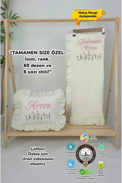 gros shop Müslin Yeni Doğan 4Katlı Organik %100Pamuk Kişiye Özgü Nakışlı Hastane Çıkış Seti (Çoklu Papatya) ürün görseli