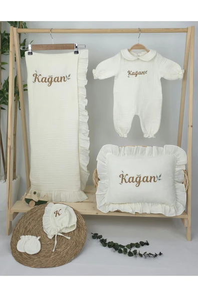 gros shop Müslin Yeni Doğan 4Katlı Organik %100Pamuk Kişiye Özgü Nakışlı Hastane Çıkış Seti (Yaprak Desen-2) - Resim 2