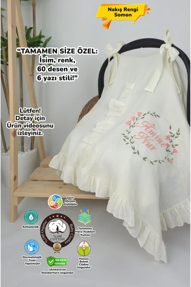 gros shop Müslin Yeni Doğan 4Katlı Organik %100Pamuk Kişiye Özgü Nakışlı Hastane Çıkış Seti (Çiçek Model-2) ürün görseli