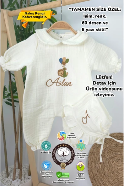 gros shop Müslin Yeni Doğan 4Katlı Organik %100Pamuk Kişiye Özgü Nakışlı Hastane Çıkış Seti-Aslan Model ürün görseli