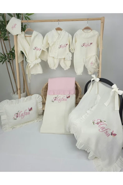 gros shop Müslin Yeni Doğan 4Katlı Organik %100Pamuk Kişiye Özgü Nakışlı Hastane Çıkış Seti(Kelebekli Papatya) - Resim 2