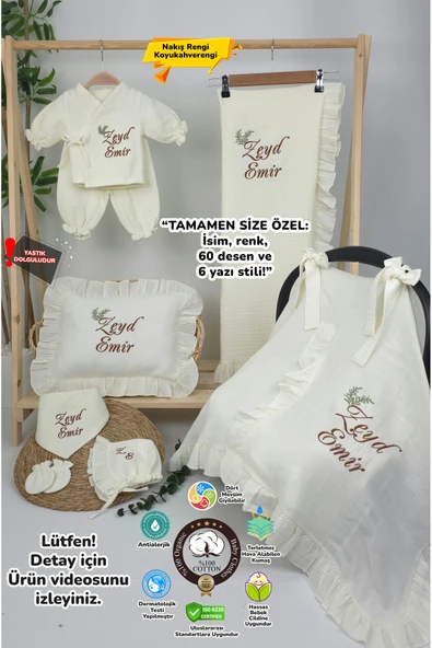 gros shop Müslin Yeni Doğan 4Katlı Organik %100Pamuk Kişiye Özgü Nakışlı Hastane Çıkış Seti(İkili Dal Model-5) ürün görseli