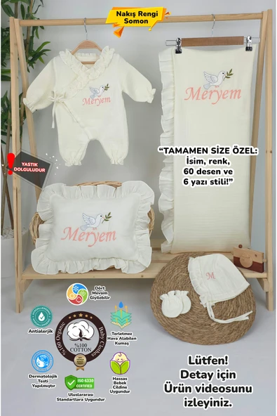 gros shop Müslin Yeni Doğan 4Katlı Organik %100Pamuk Kişiye Özgü Nakışlı Hastane Çıkış Setİ (Kuş Model-3) ürün görseli