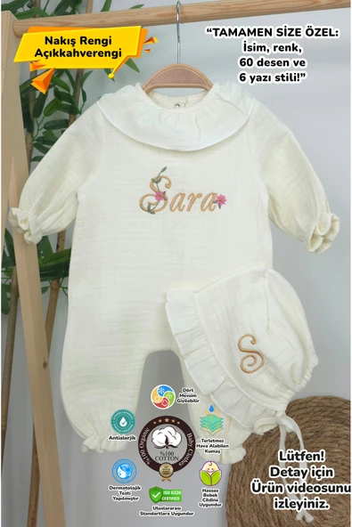 gros shop Müslin Yeni Doğan 4Katlı Organik %100Pamuk Kişiye Özgü Nakışlı Hastane Çıkış Seti (Papatya Model-13) ürün görseli