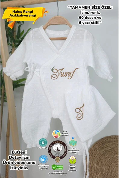 gros shop Müslin Yeni Doğan 2Katlı Organik %100Pamuk Kişiye Özgü Nakışlı Hastane Çıkış Seti(İkili Dal Model-3) ürün görseli