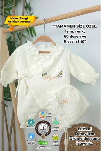 gros shop Müslin Yeni Doğan 4Katlı Organik %100Pamuk Kişiye Özgü Nakışlı Hastane Çıkış Seti (Güllü Model-4) ürün görseli