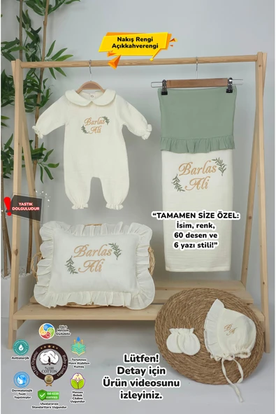 gros shop Müslin Yeni Doğan 4Katlı Organik %100Pamuk Kişiye Özgü Nakışlı Hastane Çıkış Seti (İki Dal Model-1) ürün görseli 1