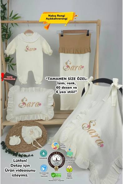 gros shop Müslin Yeni Doğan 4Katlı Organik %100Pamuk Kişiye Özgü Nakışlı Hastane Çıkış Seti (Papatya Model-13) ürün görseli