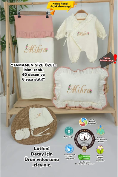 gros shop Müslin Yeni Doğan 4Katlı Organik %100Pamuk Kişiye Özgü Nakışlı Hastane Çıkış Seti (Papatya Model-11) ürün görseli