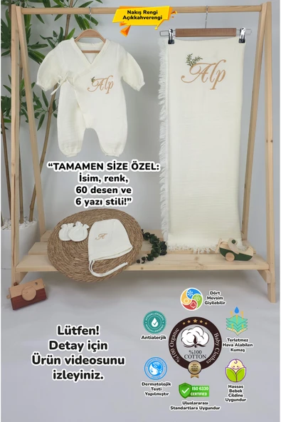 gros shop Müslin Yeni Doğan 4Katlı Organik %100Pamuk Kişiye Özgü Nakışlı Hastane Çıkış Seti(İki Dallı Model-4) ürün görseli