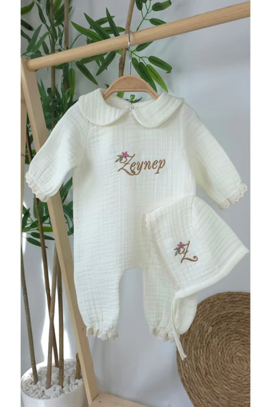 gros shop Müslin Yeni Doğan 4Katlı Organik %100Pamuk Kişiye Özgü Nakışlı Hastane Çıkış Seti (Papatya-3) - Resim 3