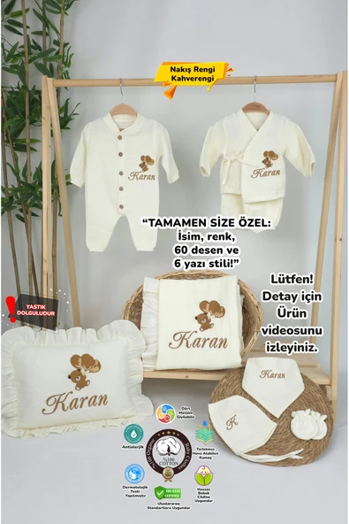 gros shop Müslin Yeni Doğan 4Katlı Organik %100Pamuk Kişiye Özgü Nakışlı Hastane Çıkış Seti (Ayıcık Model-6) - 1