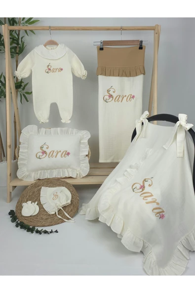 gros shop Müslin Yeni Doğan 4Katlı Organik %100Pamuk Kişiye Özgü Nakışlı Hastane Çıkış Seti (Papatya Model-13) - Resim 2