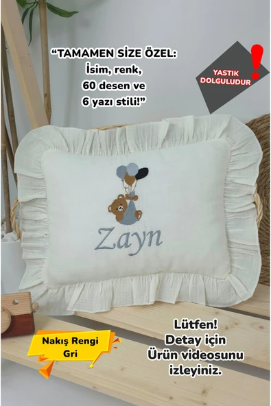 gros shop Müslin Yeni Doğan 4Katlı Organik %100Pamuk Kişiye Özgü Nakışlı Hastane Çıkış Seti (Balonlu Ayıcık-2) - 1