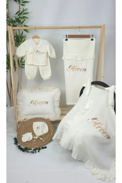 gros shop Müslin Yeni Doğan 4Katlı Organik %100Pamuk Kişiye Özgü Nakışlı Hastane Çıkış Seti-Papatya - Resim 2