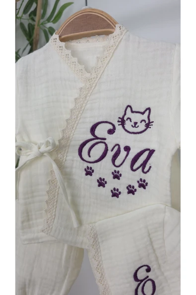 gros shop Müslin Yeni Doğan 4Katlı Organik %100Pamuk Kişiye Özgü Nakışlı Hastane Çıkış Seti (Pati Model-2) - Resim 3