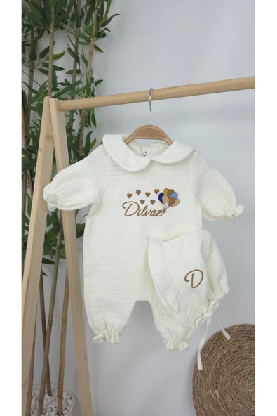 gros shop Müslin Yeni Doğan 4Katlı Organik %100Pamuk Kişiye Özgü Nakışlı Hastane Çıkış Seti (Çoklu Balon) - Resim 4