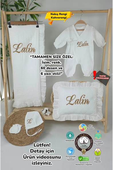 gros shop Müslin Yeni Doğan 4Katlı Organik %100Pamuk Kişiye Özgü Nakışlı Hastane Çıkış Seti-Papatya Model1 ürün görseli