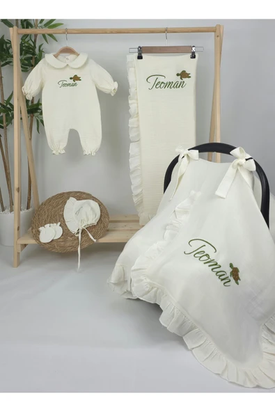 gros shop Müslin Yeni Doğan 4Katlı Organik %100Pamuk Kişiye Özgü Nakışlı Hastane Çıkış Seti (Kablunbağa Model) - Resim 2