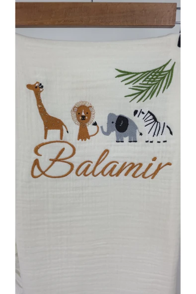 gros shop Müslin Yeni Doğan 4Katlı Organik %100Pamuk Kişiye Özgü Nakışlı Hastane Çıkış Seti-Safari Model - Resim 4